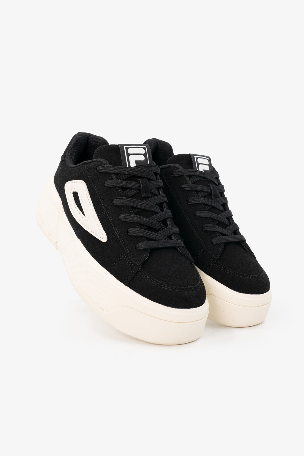 Black sneakers with white logo on a light gray background